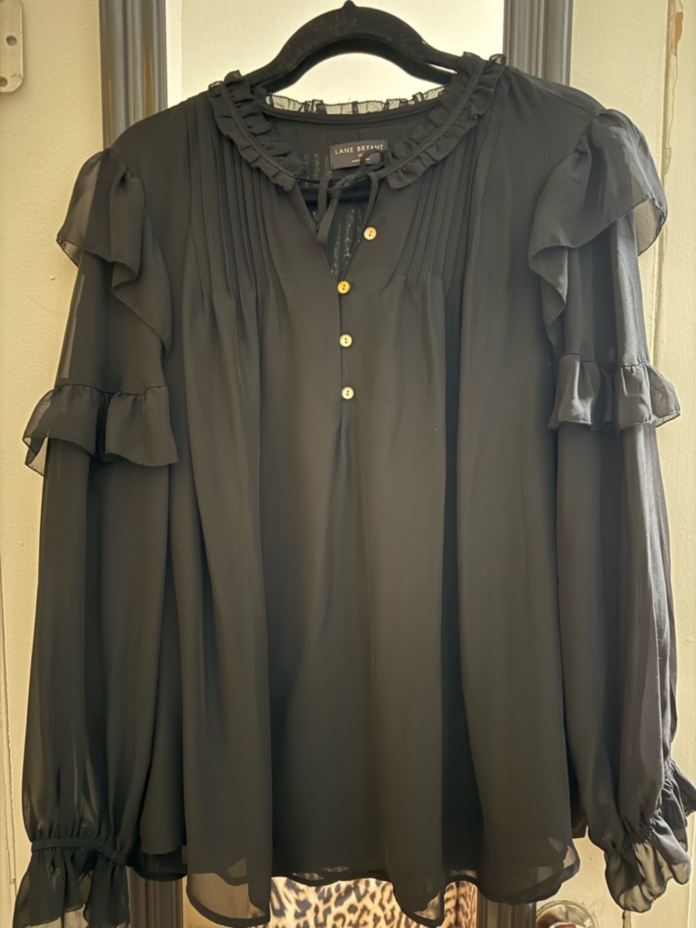 Lane Bryant Black Ruffle Pintuck Blouse with Gold Buttons